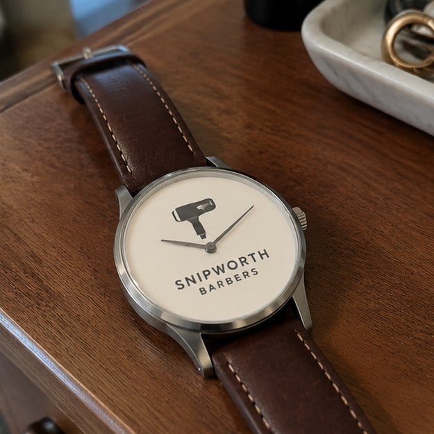 Customer photo of a custom leather-strap watch